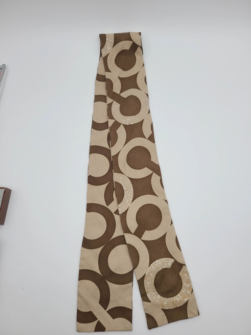 COACH Brown & Tan Signature Sequinef Circle Print Silk Scarf Tie - Picture 3 of 7